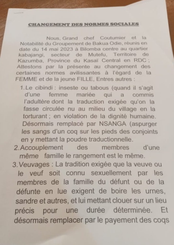 Déclaration des chefs coutumiers sur le changement des normes avillissantes à l'égard de la femme_Kasaï central mai 2023
